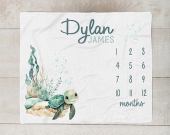 Sea Turtle Milestone Blanket Boy, Personalized Baby Boy Blanket, Ocean Animal baby Month Blanket, Turtle Blanket, Baby Shower Gift SM561