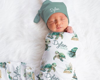 Personalized Sea Turtle Swaddle set -Custom Baby Boy Blanket Hat Set -Baby Boy Shower Gift  -Hospital Home Outfit -Name Announcement -S561