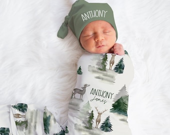 Baby Boy Swaddle Blanket Hat Set -Custom Baby Shower Gift Hospital Name Announcement -Personalized Baby Boy Blanket with deer -Woodland A535