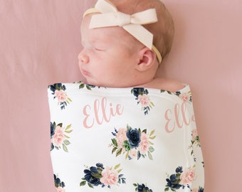 Personalized Baby Blanket With Name - Navy & Blush Floral, Custom Baby Shower Gift For Girls, 30x40 Or 40x60 Inches