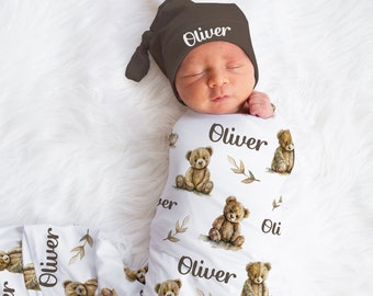 Personalized Teddy Bear Swaddle set -Custom Baby Boy Blanket Hat Set -Baby Boy Shower Gift  -Hospital Home Outfit -Name Announcement -CS554