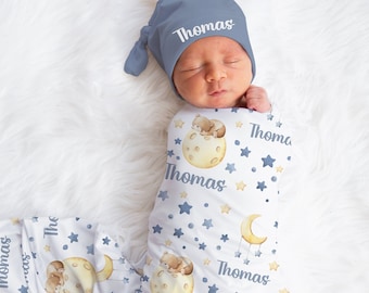 Baby Sleeping Bear Swaddle set -Moon Stars Blanket- Baby Boy Blanket Hat Set -Baby Boy Shower Gift -Hospital Home Outfit -Name Announcement