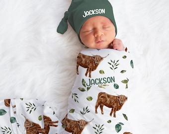 Highland Cow Baby Boy Blanket Hat Set -Custom Baby Shower Gift Hospital Name Announcement -Personalized Baby Boy Blanket Highland Cows SW549