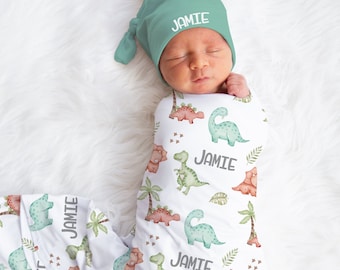 Personalized Dinosaur Swaddle set -Custom Baby Boy Blanket Hat Set -Baby Boy Shower Gift  -Hospital Home Outfit -Name Announcement -