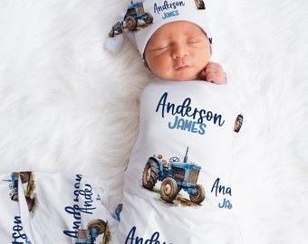 Blauwe tractor inbakeren deken hoed set-aangepaste baby douche gift ziekenhuis naam aankondiging-gepersonaliseerde baby jongen deken-boerderij deken SW147