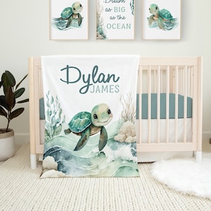 Sea Turtle Baby Blanket- Personalized Baby Boy Blanket Under the Sea Name Blanket - Baby Shower Gift- Custom Baby Gift -Ocean Nursery SB561