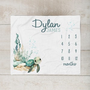 Manta de hito de tortuga marina, manta personalizada para bebé, manta del mes del bebé de animales del océano, manta de tortuga, regalo de baby shower SM561