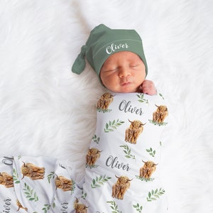 Highland Cow Swaddle set -Personalized Baby Boy Blanket Hat Set - Farm Baby Shower Gift  -Farm Animal Blanket -Hospital Home Outfit -S551