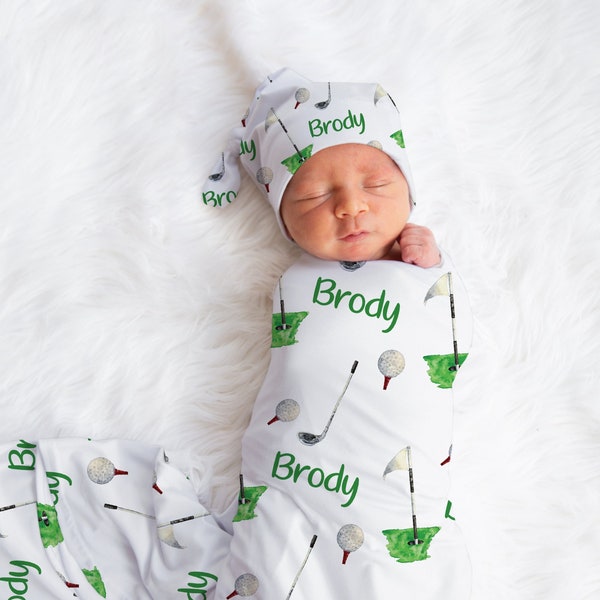 Personalized Golf Swaddle set Custom Golf Blanket Hat Set -BabY Gift for Golfer -Hospital Outfit -Name Announcement -Baby Coming Home SW141