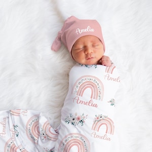 Rainbow Baby Girl Swaddle Blanket Hat Set - Baby Shower Gift Hospital Name Announcement -Personalized Baby Girl Blanket with Rainbows S552