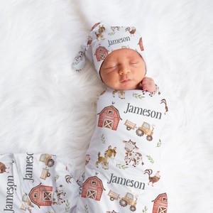 Personalized Farm Swaddle set Custom Farm Blanket Hat Set -Country Baby Gift  -Hospital Outfit -Name Announcement -Baby Coming Home SW176