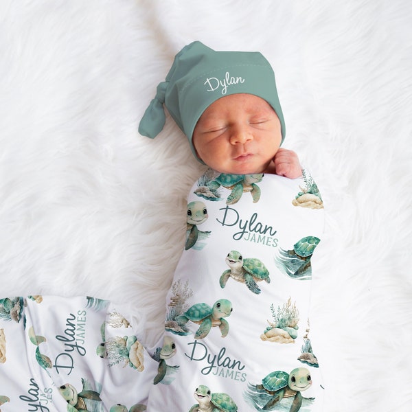 Personalized Sea Turtle Swaddle set -Custom Baby Boy Blanket Hat Set -Baby Boy Shower Gift  -Hospital Home Outfit -Name Announcement -S561