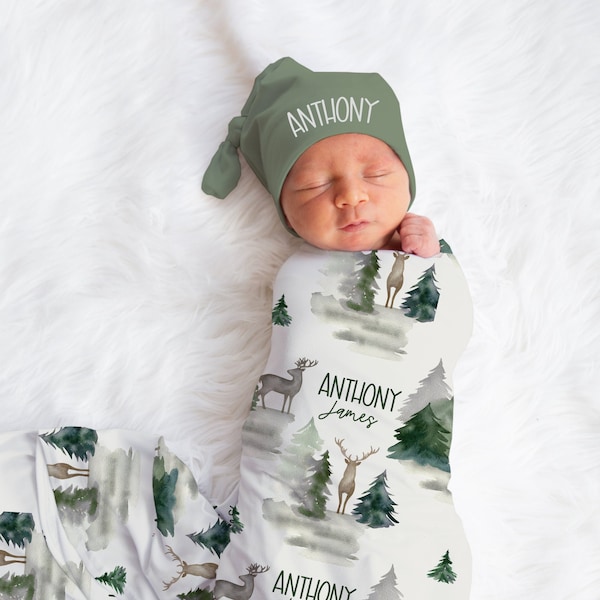 Baby Boy Swaddle Blanket Hat Set -Custom Baby Shower Gift Hospital Name Announcement -Personalized Baby Boy Blanket with deer -Woodland A535
