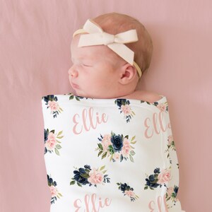 Personalized Baby Girl Blanket, Floral Baby Name Blanket, Custom Baby Blanket, Blush Navy Floral Baby Blanket, Personalized Baby Shower Gift