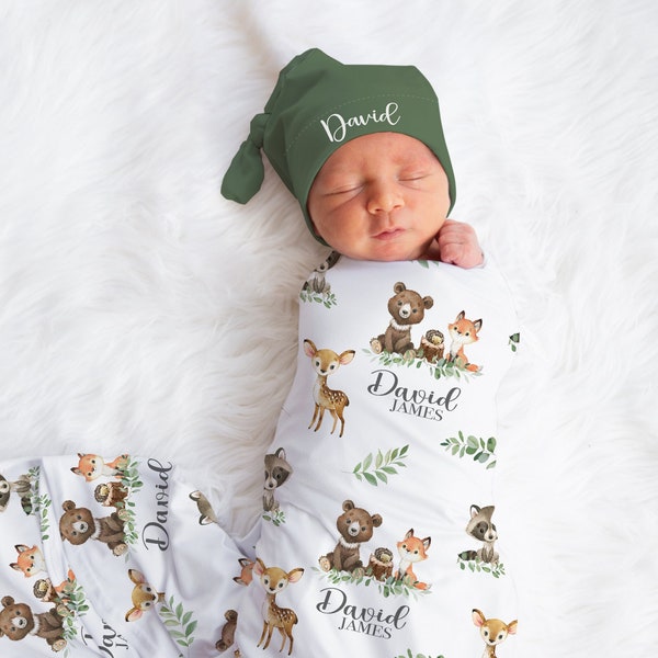 Woodland Swaddle set -Personalized Baby Boy Blanket Hat Set -Woodland Baby Shower Gift  -Forest Animal Blanket -Hospital Home Outfit -S568
