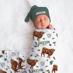Highland Cow Baby Boy Blanket Hat Set -Custom Baby Shower Gift Hospital Name Announcement -Personalized Baby Boy Blanket Highland Cows SW549