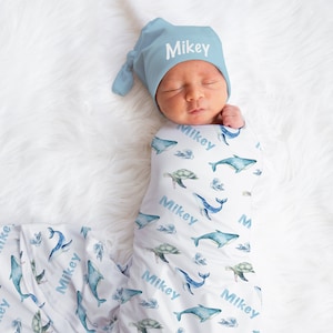 Baby Boy Swaddle Blanket Hat Set - Under the sea Baby Shower Gift -Hospital Name Announcement -Personalized Baby Boy Blanket with Whales