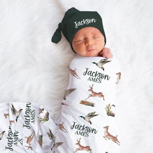 Personalized Hunting Blanket Hat Set -Custom Baby Shower Gift Hospital Name Announcement -Duck Deer Hunting Baby Boy Blanket - SW545