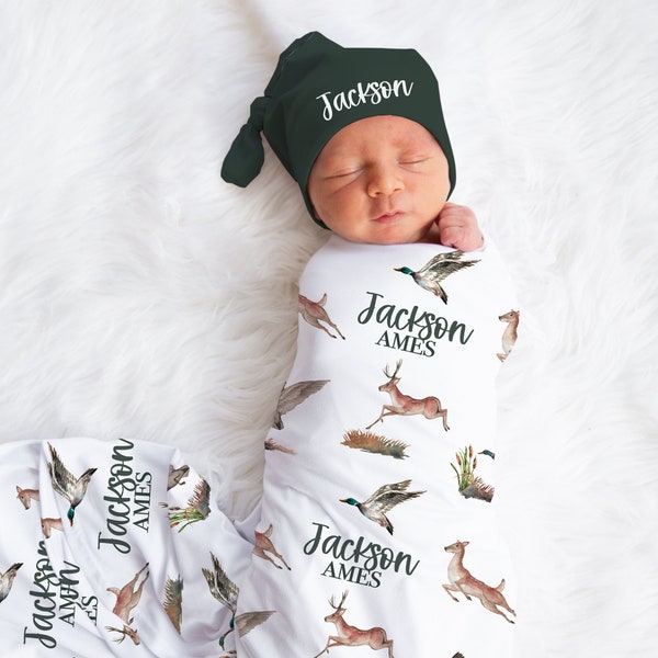 Personalized Hunting Blanket Hat Set -Custom Baby Shower Gift Hospital Name Announcement -Duck Deer Hunting Baby Boy Blanket - SW545