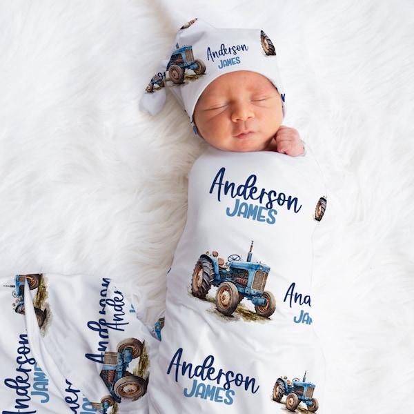 Blue Tractor Swaddle Blanket Hat Set -Custom Baby Shower Gift Hospital Name Announcement -Personalized Baby Boy Blanket -Farm Blanket SW147