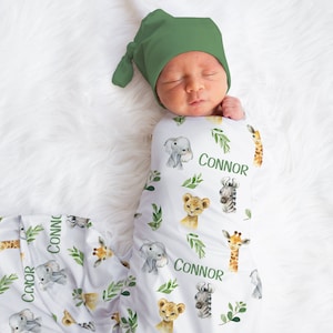 Baby Boy Swaddle Blanket Hat Set -Custom Baby Shower Gift Hospital Name Announcement -Personalized Baby Boy Blanket with Safari Animals