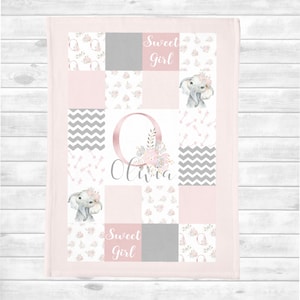 Personalized Baby Blanket Girl- Baby Girl Quilt - Elephant Blanket - Baby Shower Gift- Personalized Baby Gift- Baby Name -Elephant Nursery