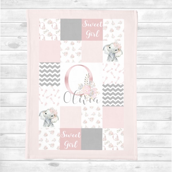 Personalized Baby Blanket Girl- Baby Girl Quilt - Elephant Blanket - Baby Shower Gift- Personalized Baby Gift- Baby Name -Elephant Nursery