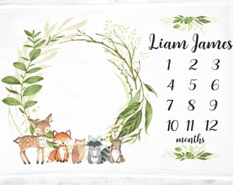 Woodland Baby Milestone Blanket, Boy  Milestone Blanket, Personalized Baby Blanket, Baby Blanket, Baby Boy Blanket, Woodland Blanket 546