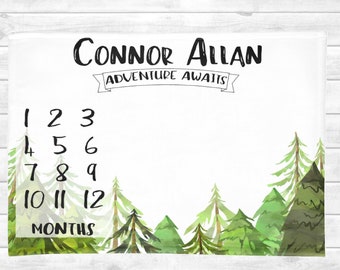 Adventure Awaits Baby Milestone Blanket, Forest Trees Monthly Tracker Blanket, Personalized Baby Blanket, Adventure Nature Growth Tracker