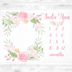 Meisje mijlpaal deken Rose roze bloemen/groei tracker meisje gepersonaliseerde baby deken meisje deken/aangepaste Inbakeren ontvangen SM177