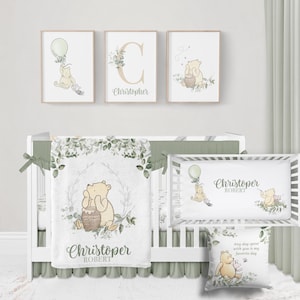 Winnie the Pooh Crib Bedding Set  -Personalized Baby Boy Winnie the Pooh Nursery Decor with Soft Greenery- Classic Pooh Piglet Blanket 615
