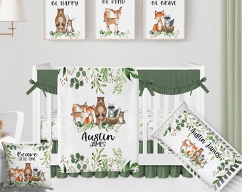 Woodland Crib Bedding Set  -Personalized Baby Boy Blanket with Woodland Animals- Woodland Nursery Bedding, Woodland Baby Blanket Name 546