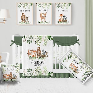 Woodland Crib Bedding Set  -Personalized Baby Boy Blanket with Woodland Animals- Woodland Nursery Bedding, Woodland Baby Blanket Name 546