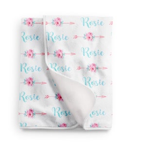 Personalized Aqua Pink Arrow Floral Girl Baby Blanket in Fleece, Minky. Receiving Swaddle Blanket personalized custom