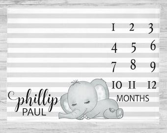Baby Elephant Milestone Blanket- Personalized baby boy blanket- Elephant Striped Baby blanket- Baby shower gift- Monthly Milestone Blanket