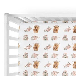 Floral Highland Cow Crib Sheet with Name- Personalized Crib Bedding. Custom Farm Baby Gifts. Southern Baby Bedding. Country Girl SS542