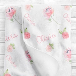 Personalized Baby Girl Blanket - Pink Floral Baby Blanket - Baby Name Blanket -Baby Shower Gift- Personalized Baby Gift -Custom Swaddle