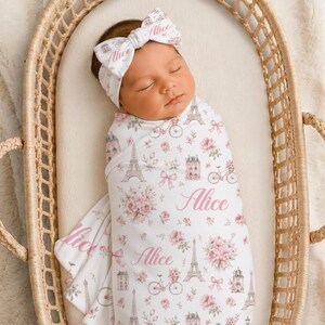 Personalized Paris Swaddle Set, Baby Girl Paris Swaddle, French Themed Nursery, Eiffel Tower Coming Home Outfit, Baby Shower Gift sbs646