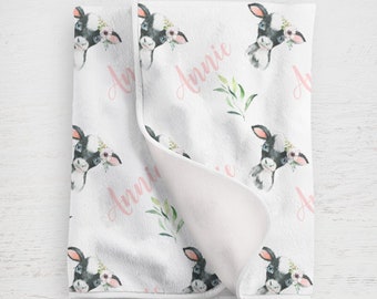 Baby Girl Cow Calf Blanket Personalized in Fleece, Minky. Perfect Newborn Baby Gift! Custom Swaddle Receiving Blankey Blankie