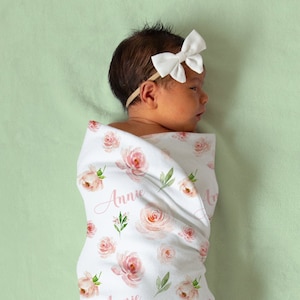 Blush Pink Floral Swaddle Blanket Headband Hat Set -Personalized Baby Shower Gift - Baby Name Announcement - Personalized Baby Girl Blanket