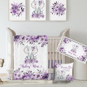 Baby Girl Elephant Crib Bedding Set  -Personalized Baby Girl Blanket with Violet Floral Elephant- Floral Elephant Sheet -Safari Nursery Set