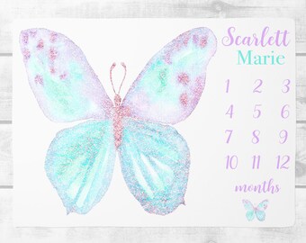 Baby Girl Purple and Pink Butterfly Wings Design Watercolor CUSTOM MILESTONE BLANKET Monthly Photos Baby Shower Welcome Gift