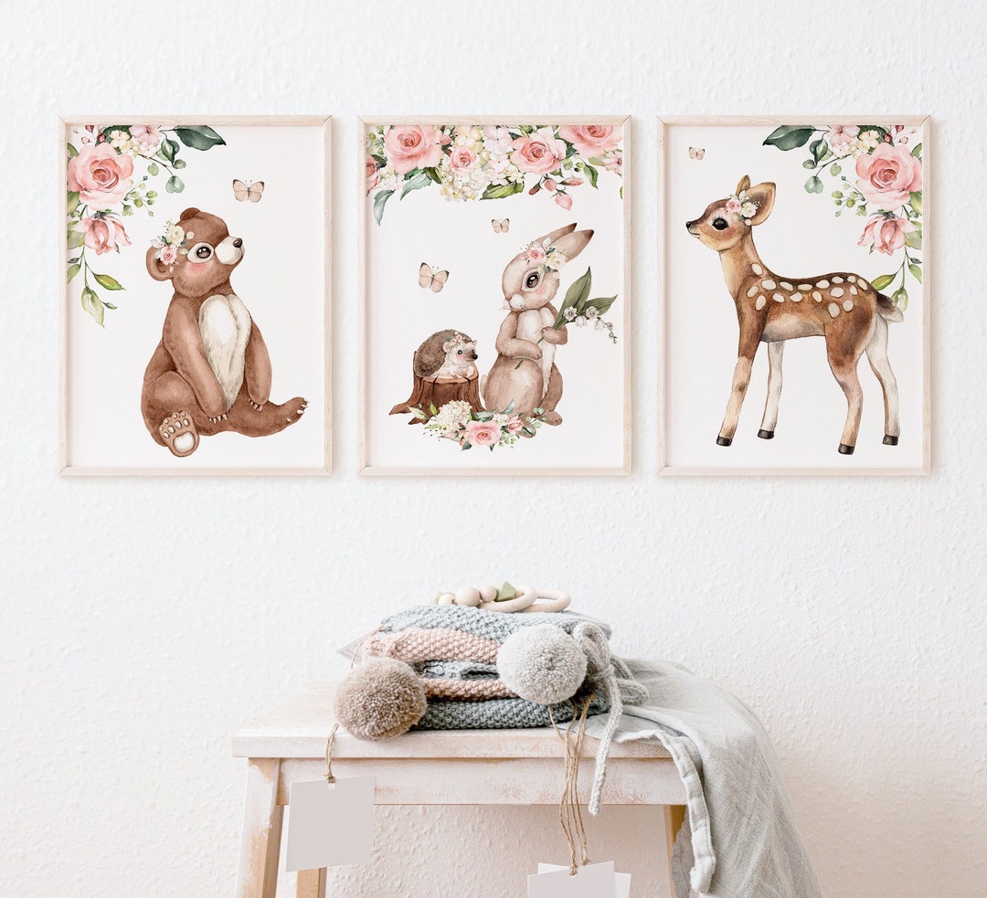 Baby Girl Woodand Nursery Wall Art, Floral Woodland Animal Set of 3 ...