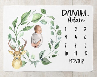 Baby Monthly Milestone Blanket - Deer Woodland Theme, 51x40 Inches, Flannel Fleece For Newborn Photography & Shower Gift