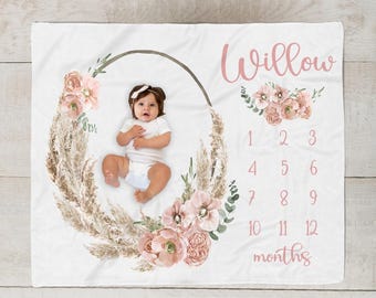Coperta Boho Milestone per bambina, coperta rosa antico per neonati, regalo personalizzato per baby shower, cameretta Boho per bambina con foglie di Pampas