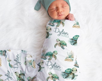Personalized Sea Turtle Swaddle set -Custom Baby Boy Blanket Hat Set -Baby Boy Shower Gift  -Hospital Home Outfit -Name Announcement -S561
