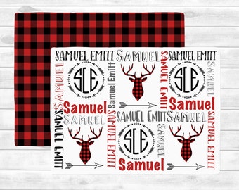 Personalized Baby Boy Blanket. Buffalo Plaid Boy Blanket with Arrows and Deer Antlers.  Boy Baby name blanket. Baby Bear shower gift.