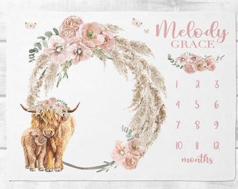 Baby Girl Highland Cow Milestone Blanket, Boho Floral Highland Cow Baby Milestone Blanket,Highland cow Blanket, Month Baby Blanket, SM542