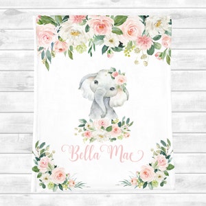 Personalized Baby Girl Blanket - Pink Floral Elephant Baby Blanket -Baby Name Blanket -Shower Gift- Personalized Baby Gift - Swaddle SB137