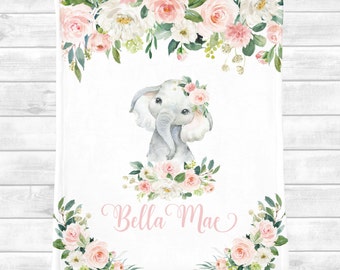 Personalized Baby Blanket: Pink Floral Elephant - Custom Designed Baby Girl Gift